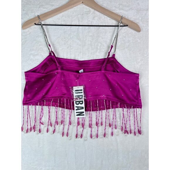 Urban Outfitters Milina Fuchsia Satin Fringe Beaded Crop Top Rhinestone Straps - Picture 14 of 14